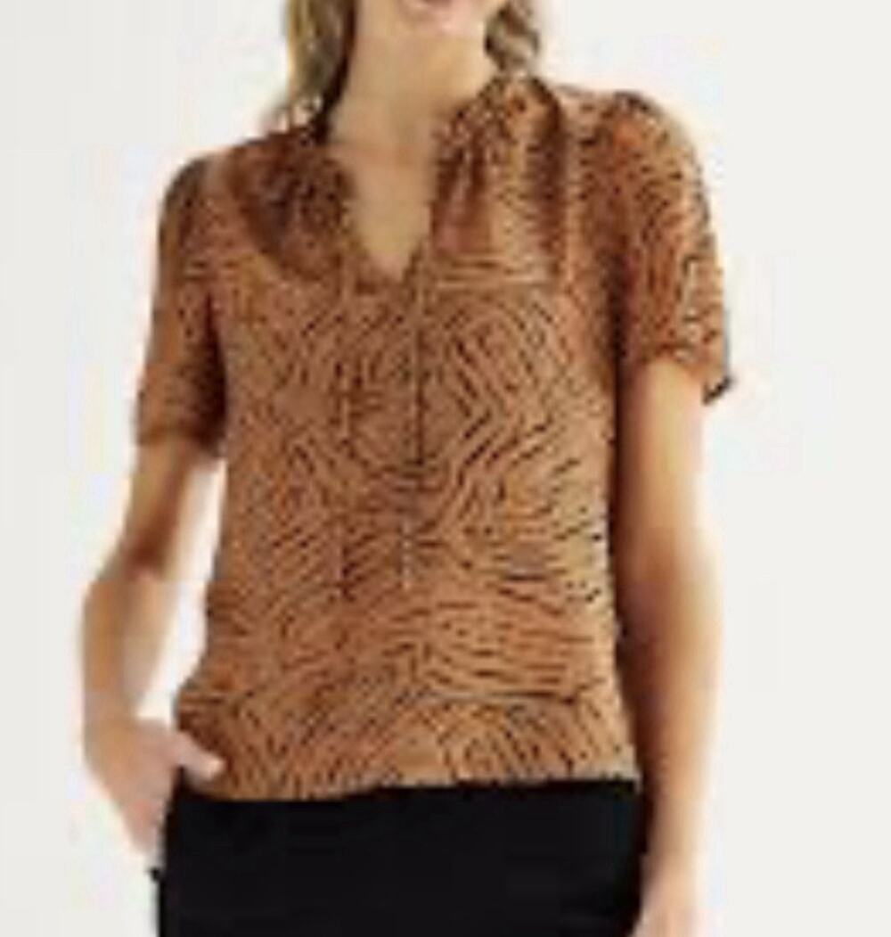 Nine West Abstract Tiger Print V-Neck Short Sleeve Blouse Brown Black Large NEW